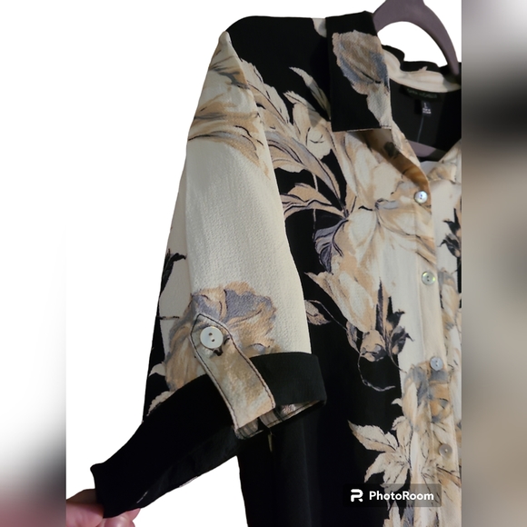 Sara Michelle Black & Tan Button Floral Blouse L - Picture 4 of 7